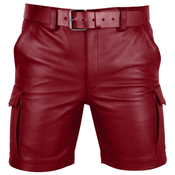 QSAWXQZ Men's Faux Leather Cargo Shorts with Pockets Punk Trunks Solid Slim Clubwear Bottoms Wine XL