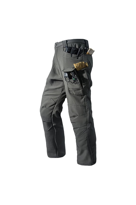 Men's Fleece Lined Cargo Pants Windproof Waterproof Solid Zip Elastic Waist Pants with Zipper Pockets for Hiking Gray 3XL