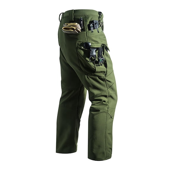 QSAWXQZ Men's Fleece Lined Cargo Pants Windproof Waterproof Solid Zip Elastic Waist Pants with Zipper Pockets for Hiking Green L