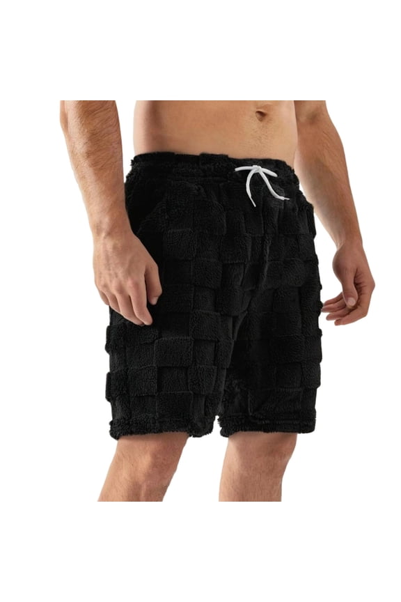 Men's Fuzzy Fleece Shorts Plush Warm Pajama Trunks Elastic Waist Drawstring Winter Lounge Sleep Bottoms with Pockets Black M