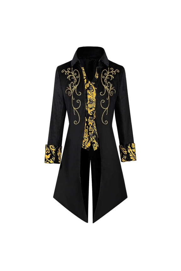 Men's Gothic Steampunk Tailcoat Jacket Long Sleeve Lapel Button Down Embroidery Medieval Frock Coat Black-1 S