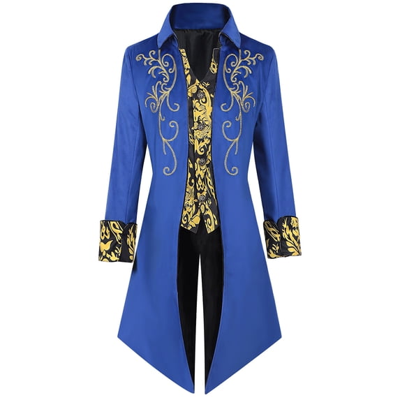 QSAWXQZ Men's Gothic Steampunk Tailcoat Jacket Long Sleeve Lapel Button Down Embroidery Medieval Frock Coat Blue-1 S