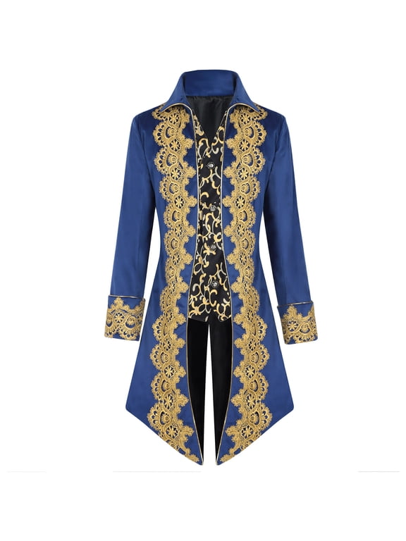 Men's Gothic Steampunk Tailcoat Jacket Long Sleeve Lapel Button Down Embroidery Medieval Frock Coat Blue 2XL