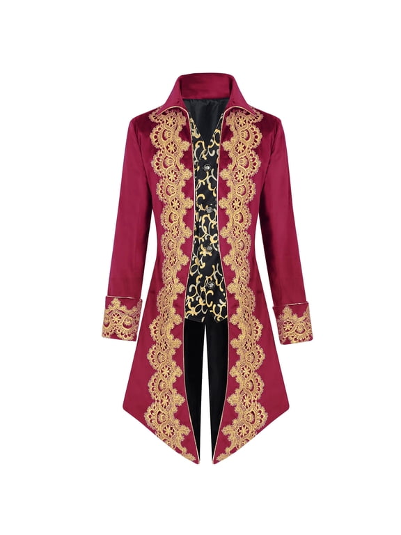 Men's Gothic Steampunk Tailcoat Jacket Long Sleeve Lapel Button Down Embroidery Medieval Frock Coat Red S