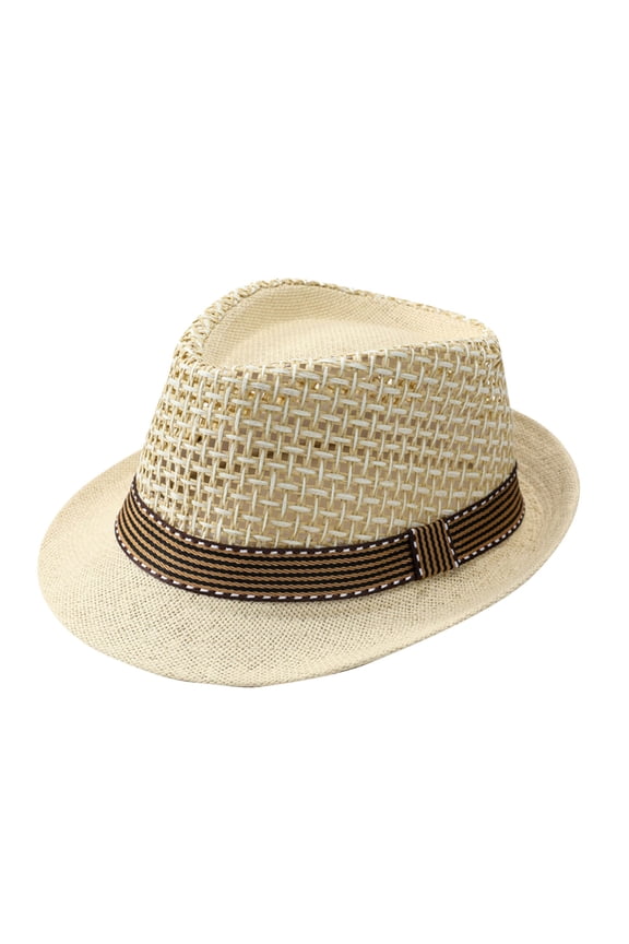 Men's Grid Hat Woven Fedora Cap with Striped Hatband and Short Brim for Summer Party and City Commuting Beige Free Size