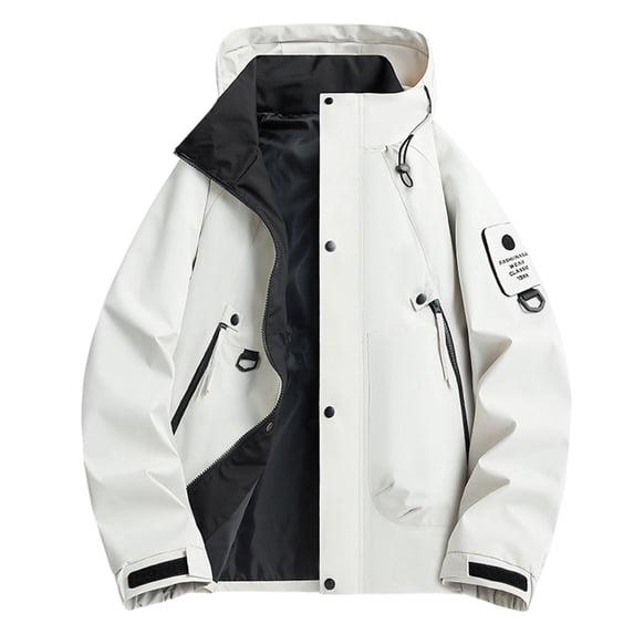 QSAWXQZ Men’s Hooded Windbreaker Loog Sleeve Solid Windproof Waterproof Outdoor Work Softshell Jacket with Pockets for Hiking White L