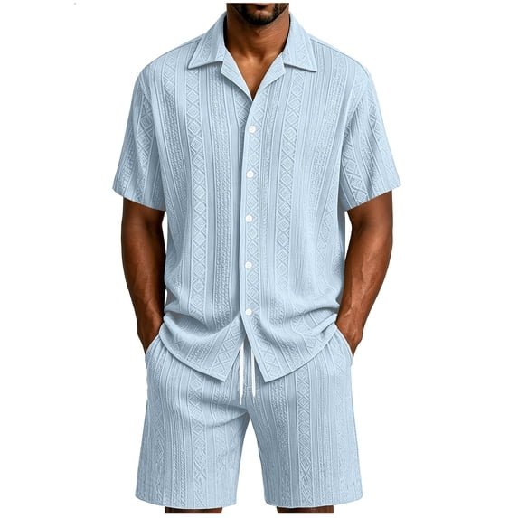 QSAWXQZ Men's Jacquard 2PC Button Down Set Lapel Short Sleeves Shirt Elastic Waist Shorts with Pockets Beach Outfit for Vacation M