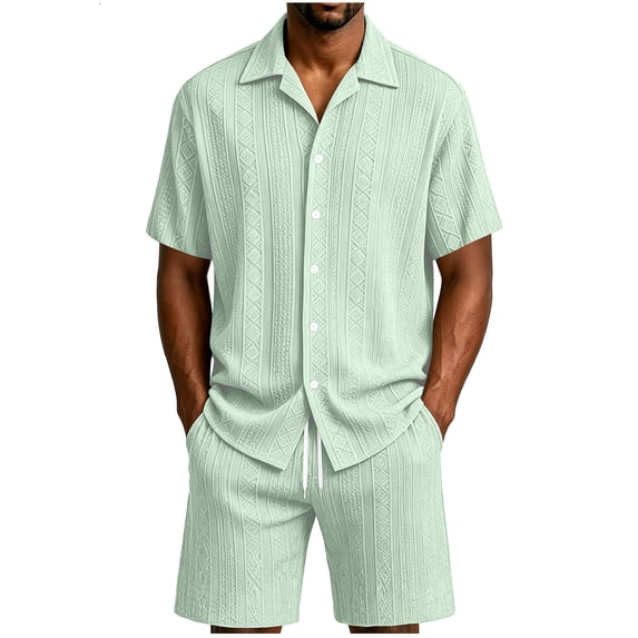 QSAWXQZ Men's Jacquard 2PC Button Down Set Lapel Short Sleeves Shirt Elastic Waist Shorts with Pockets Beach Outfit for Vacation M