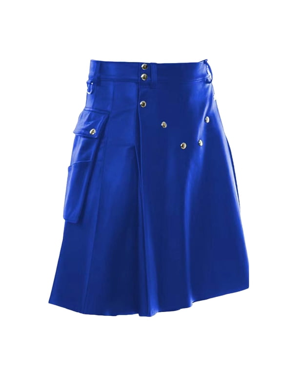Men's Kilt Skirt Pleated Front Faux Leather Panel Button Accent Wrap Skirt with Pockets Casual Bottoms M