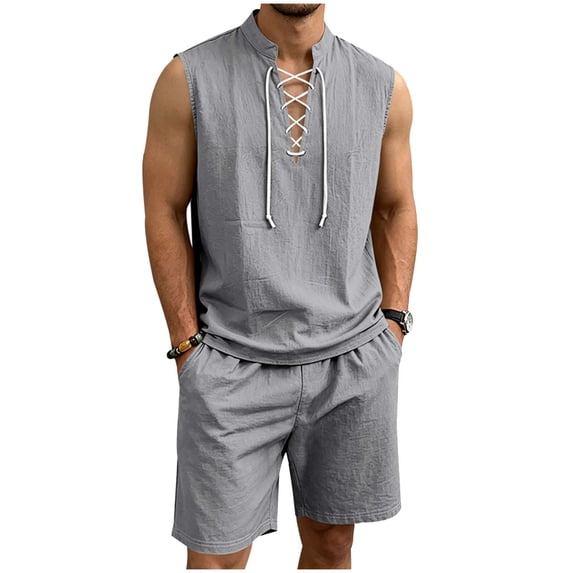 QSAWXQZ Men's Linen 2PC Lounge Set Stand Collar V Neck Sleeveless Loose Top Elastic Waist Shorts with Pocket Beach Outfit Casual for Summer M