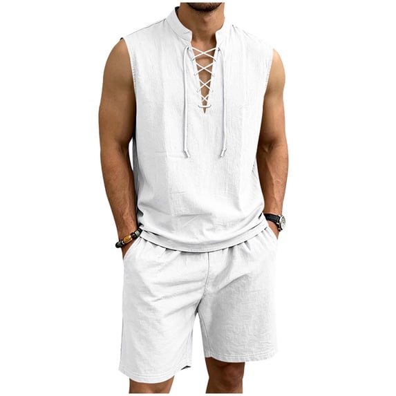 QSAWXQZ Men's Linen 2PC Lounge Set Stand Collar V Neck Sleeveless Loose Top Elastic Waist Shorts with Pocket Beach Outfit Casual for Summer M