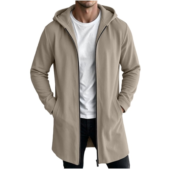 QSAWXQZ Men's Long Hooded Coat Full Zip Long Sleeve Pockets Jacket Casual Winter Outerwear XL