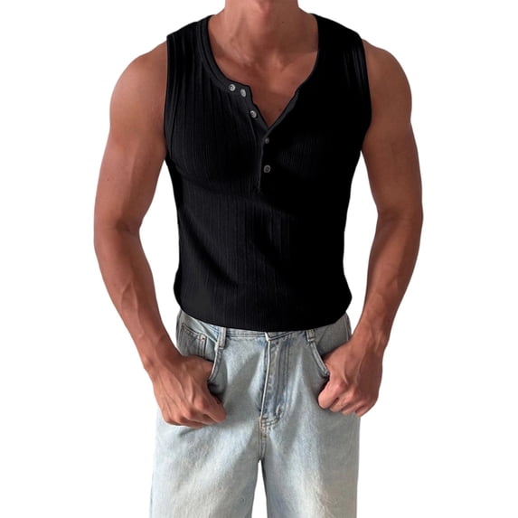 QSAWXQZ Men's Muscle Tank Top Slim Quarter Button Crew Neck Sleeveless Ribbed Knit Stretch Soft Breathable Classic Athletic Gym Training Undershirt Black M