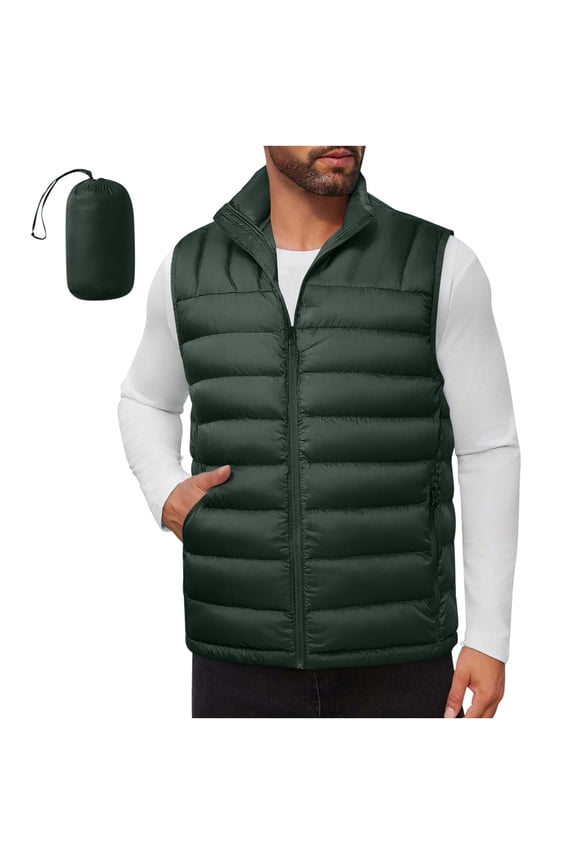 Men's Packable Puffer Vest Lightweight Sleeveless Windproof Zip Up Cardigan Quilted Down Tank with Pockets Olive Green M