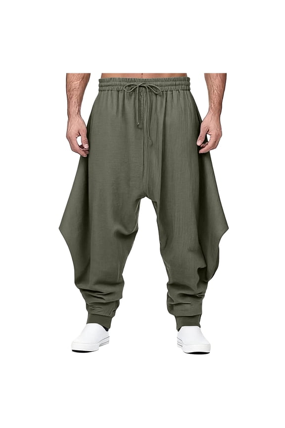 Men's Plus Cotton Linen Pants Drop Crotch Elastic Waist Drawstring Solid Cuffed Boho Trousers Beach Pants Olive Green 2XL