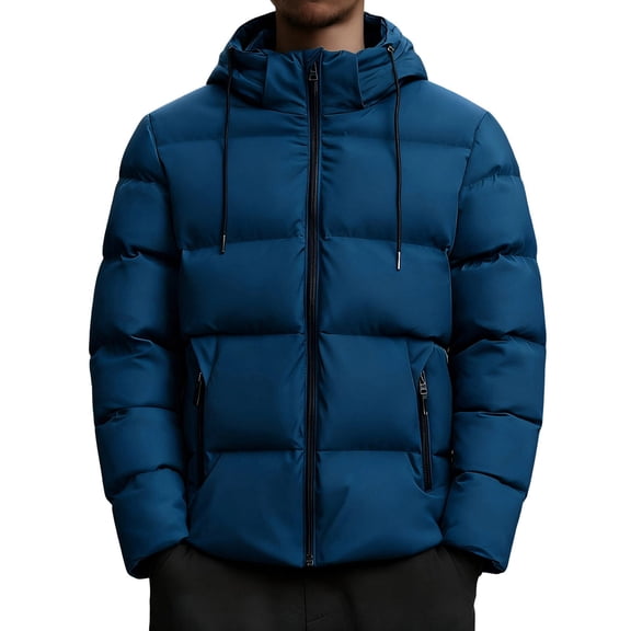 QSAWXQZ Men's Quilted Down Jacket Hooded Long Sleeve Solid Zip Up Cardigan Puffer Coat with Pockets for Outdoor Navy S