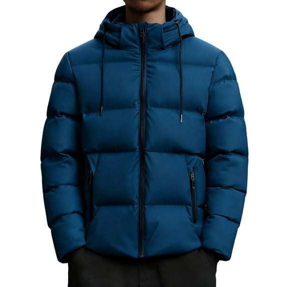 QSAWXQZ Men's Quilted Down Jacket Hooded Long Sleeve Solid Zip Up Cardigan Puffer Coat with Pockets for Outdoor Navy XL