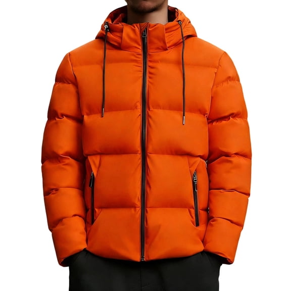 QSAWXQZ Men's Quilted Down Jacket Hooded Long Sleeve Solid Zip Up Cardigan Puffer Coat with Pockets for Outdoor Orange M