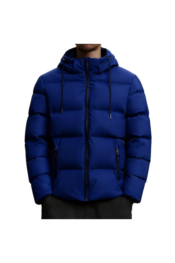 Men's Quilted Down Jacket Hooded Long Sleeve Solid Zip Up Cardigan Puffer Coat with Pockets for Outdoor Purple 2XL