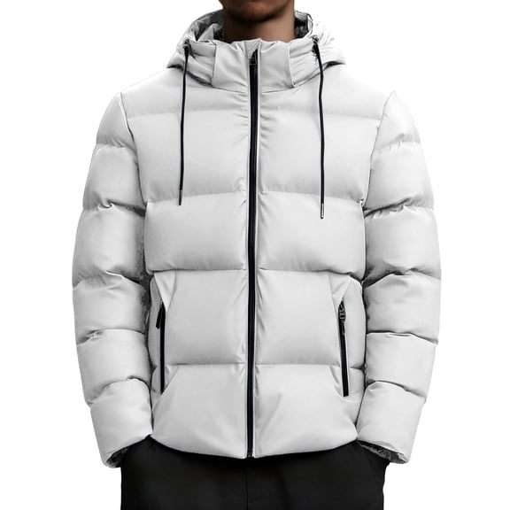 QSAWXQZ Men's Quilted Down Jacket Hooded Long Sleeve Solid Zip Up Cardigan Puffer Coat with Pockets for Outdoor White M