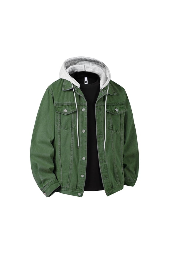 Men's Removable Hooded Denim Jacket Long Sleeve Button Down Cardigan Trucker Coat with Pockets Olive Green S