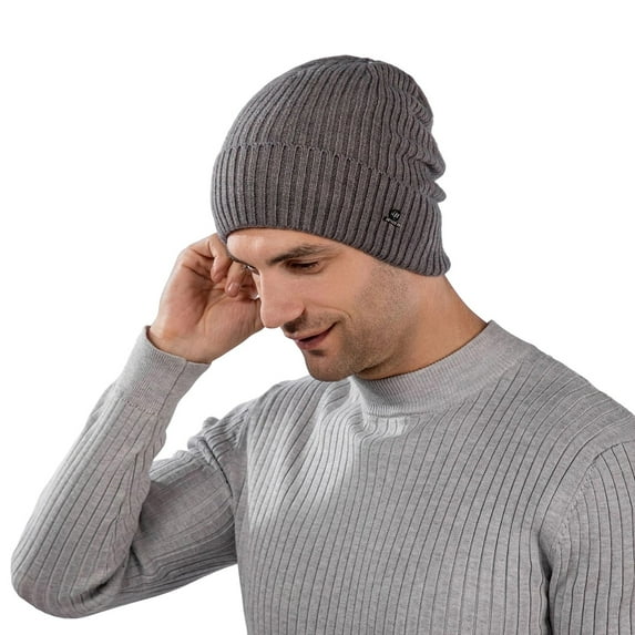 QSAWXQZ Men's Ribbed Knit Beanie Hat Winter Warm Cuffed Skull Cap Soft Stretchy Daily Headwear Gray Free Size