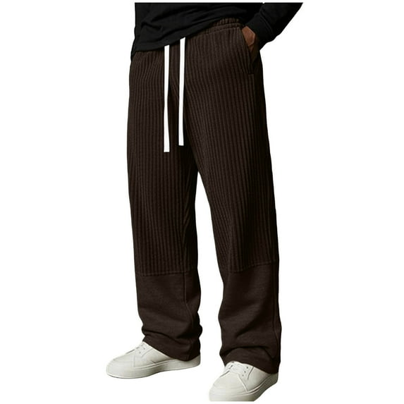 QSAWXQZ Men's Ribbed Knit Lounge Sweatpants Drawstring Elastic Waist Wide Leg Casual Pants with Pockets Coffee M