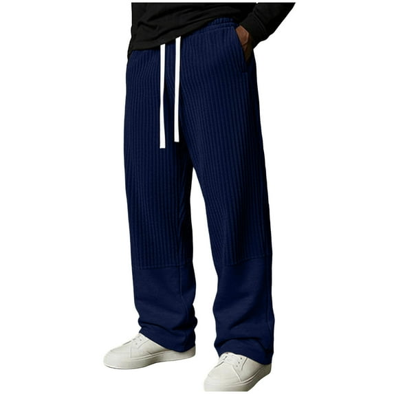 QSAWXQZ Men's Ribbed Knit Lounge Sweatpants Drawstring Elastic Waist Wide Leg Casual Pants with Pockets Dark Blue M