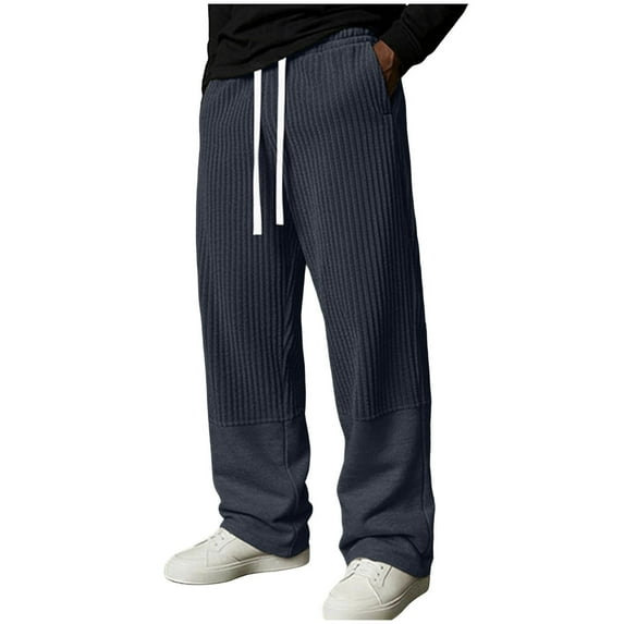 QSAWXQZ Men's Ribbed Knit Lounge Sweatpants Drawstring Elastic Waist Wide Leg Casual Pants with Pockets Navy 3XL