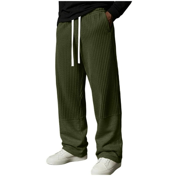 QSAWXQZ Men's Ribbed Knit Lounge Sweatpants Drawstring Elastic Waist Wide Leg Casual Pants with Pockets Olive Green L