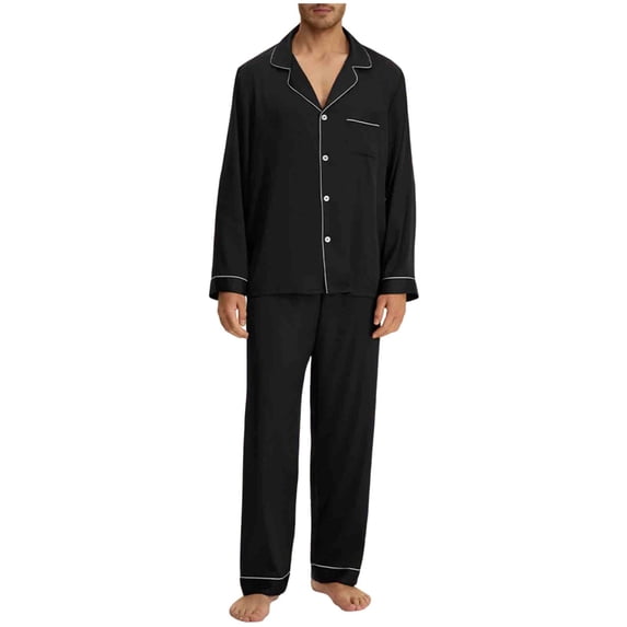 QSAWXQZ Men's Satin Pajama Set Long Sleeve Button Up Sleepwear Wide Leg Pants 2 Piece PJs Loungewear Set with Pockets Black M