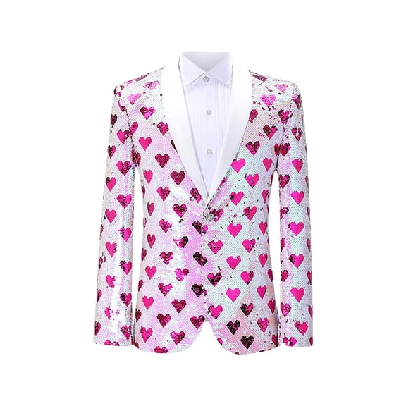 QSAWXQZ Men's Sequin Blazer Shiny Suit Jacket Long Sleeve Lapel Button Slim Party Prom Performance Pink XL