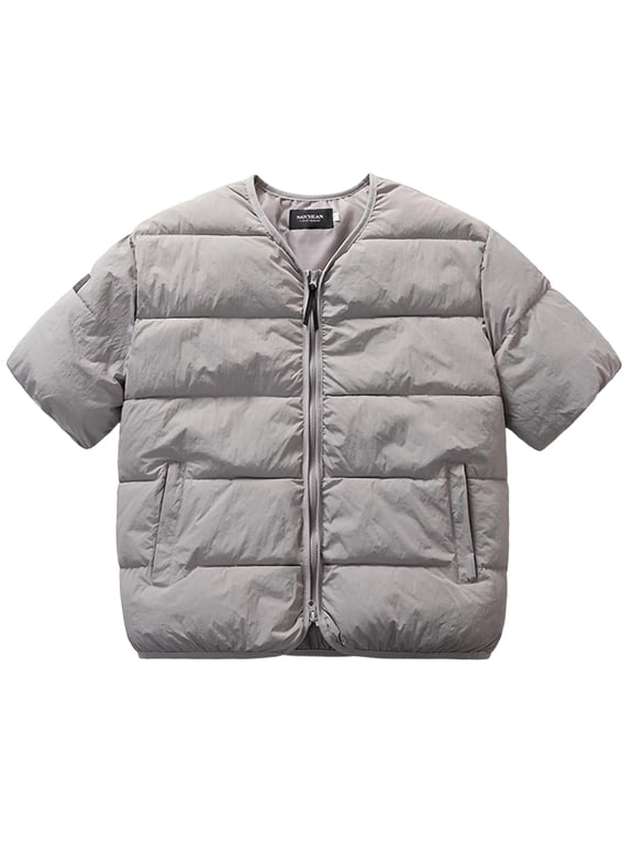 Men's Short Sleeve Quilted Down Jacket Solid Crewneck Zip Up Cardigan Puffer Coat with Pockets Gray M