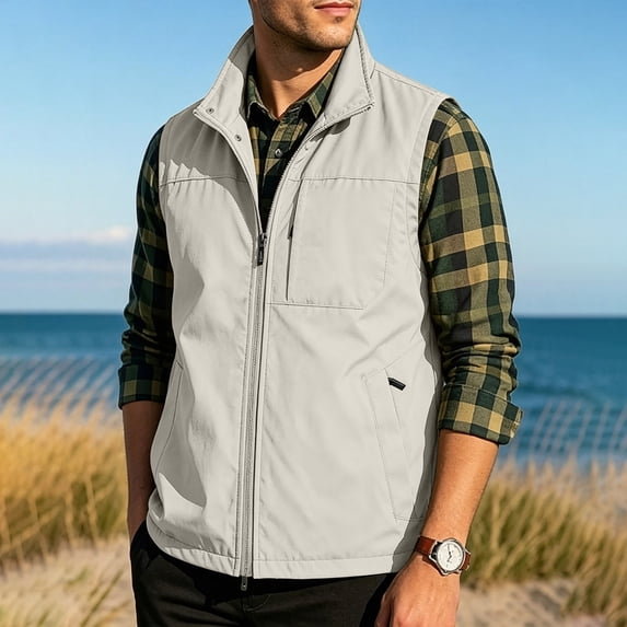 QSAWXQZ Men's Softshell Vest Lapel Collar Sleeveless Zip up Outdoor Cargo Vest with Zipper Pockets M