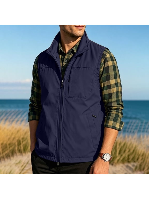 Men's Softshell Vest Lapel Collar Sleeveless Zip up Outdoor Cargo Vest with Zipper Pockets XS