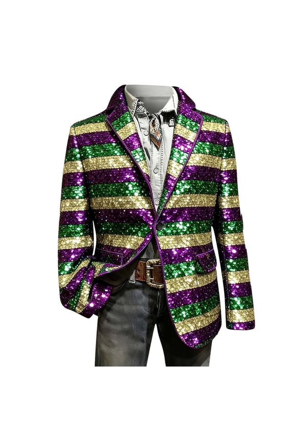 Men's Sparkly Sequin Tuxedo Jacket Graphic Print Long Sleeve Button Party Nightclub Blazer Stage Performance Cardigan Coat with Pockets 2XL