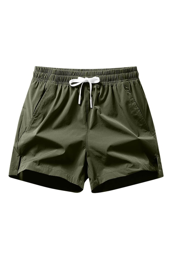 Men's Split Hem Running Shorts Quick Dry Marathon Trunks Elastic Waist Drawstring Solid Lightweight Gym Bottoms with Pockets Olive Green L