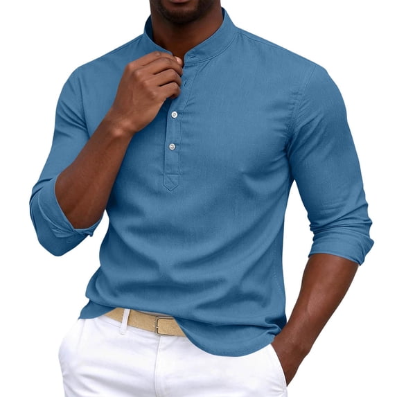 QSAWXQZ Men's Stand Collar Shirt Long Sleeve Quarter Button Solid Shirt for Fall 3XL