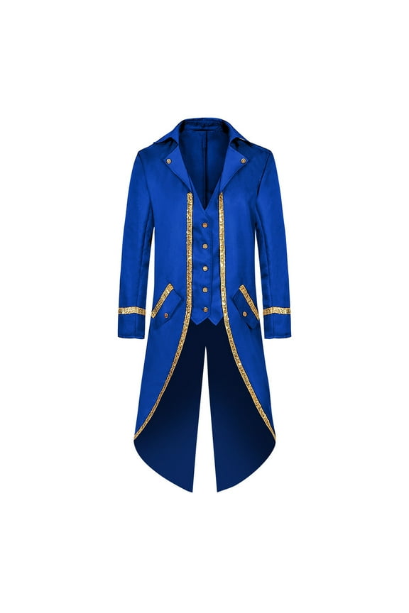 Men's Steampunk Gothic Tailcoat Jacket Vintage Medieval Frock Long Sleeve Button Down Blazer Coat with Sequin Trim for Halloween Blue S