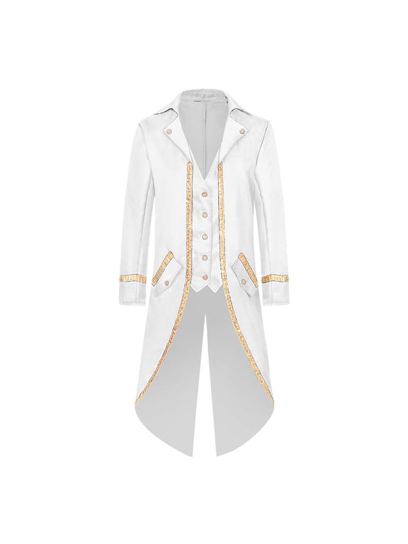 Men's Steampunk Gothic Tailcoat Jacket Vintage Medieval Frock Long Sleeve Button Down Blazer Coat with Sequin Trim for Halloween White 2XL