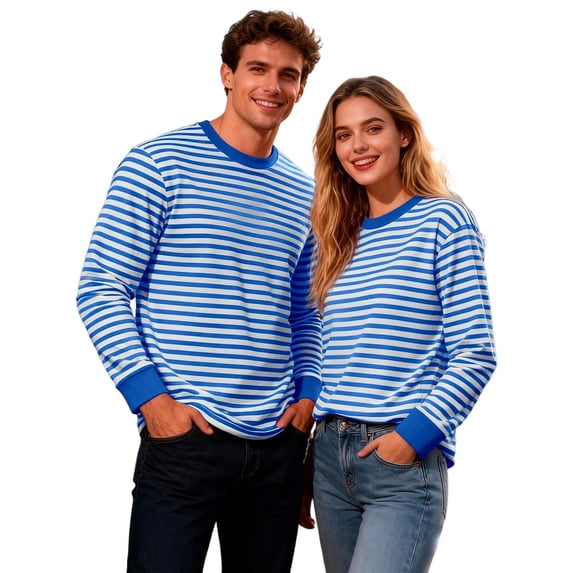 QSAWXQZ Men's Striped Shirt Long Sleeve Crew Neck Ribbed Elastic Cuffs Casual Pullover Top for Spring Autumn Blue 3XL