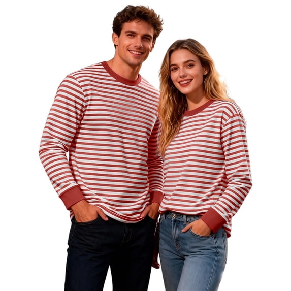 QSAWXQZ Men's Striped Shirt Long Sleeve Crew Neck Ribbed Elastic Cuffs Casual Pullover Top for Spring Autumn Wine M