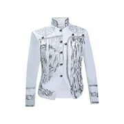 QSAWXQZ Mens Tassel Jacket Steampunk Drummer Marching Long Sleeve Mock Neck Button Down Coat Fringe Performance White S