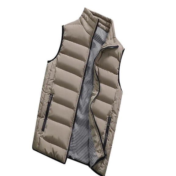 QSAWXQZ Men's Thick Padded Puffer Vest Plaid Sleeveless Stand Collar Zip Up Winter Warm Outerwear with Pockets Khaki M