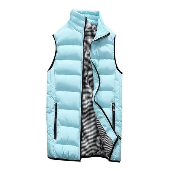QSAWXQZ Men's Thick Padded Puffer Vest Plaid Sleeveless Stand Collar Zip Up Winter Warm Outerwear with Pockets Light Blue M