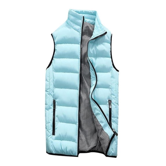 QSAWXQZ Men's Thick Padded Puffer Vest Plaid Sleeveless Stand Collar Zip Up Winter Warm Outerwear with Pockets Light Blue XL