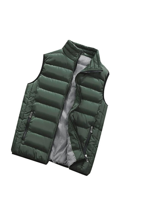 Men's Thick Padded Puffer Vest Plaid Sleeveless Stand Collar Zip Up Winter Warm Outerwear with Pockets Olive Green 2XL