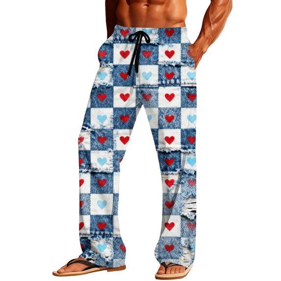 QSAWXQZ Men's Valentine's Plaid Heart Print Pajama Pants Drawstring Elastic Waist Sleepwear Soft Lounge Nightwear Sleepwear with Pockets Blue 2XL