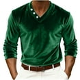 thumbnail image 1 of QSAWXQZ Men's Velvet Shirt Solid Long Sleeve V Neck Vintage Pullover Top for Spring Green L, 1 of 8