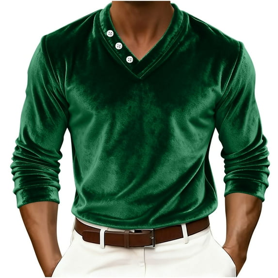 QSAWXQZ Men's Velvet Shirt Solid Long Sleeve V Neck Vintage Pullover Top for Spring Green L